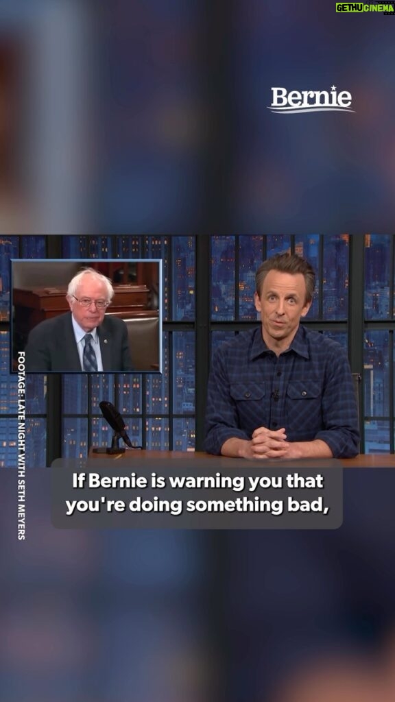 Bernie Sanders Instagram - While I am sorry that I cannot be there to help @sethmeyers make better decisions, I can say that it is always a bad idea to trust Wall Street and the big banks to write their own rules and regulations.