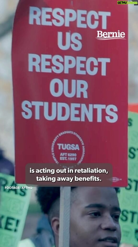 Bernie Sanders Instagram - Graduate students at Temple University have faced retaliation for going on strike and asserting the radical notion that they should make a living wage, receive decent benefits, and get dignity on the job. I stand in strong solidarity with the workers of @_tugsa_