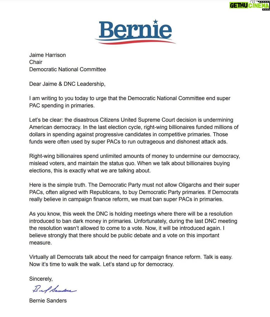 Bernie Sanders Instagram - Virtually all Democrats talk about the need for campaign finance reform. Talk is easy. Now it’s time to walk the walk. I wrote a letter to the DNC today on why we must stand up for democracy and end super PAC spending in primaries.
