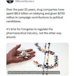 Bernie Sanders Instagram - Over the past 25 years, drug companies have spent $8.5 billion on lobbying and given $700 million in campaign contributions to political candidates. It’s time for Congress to regulate the pharmaceutical industry, not the other way around. Read my op-ed here: https://www.foxnews.com/opinion/big-pharma-answer-american-people