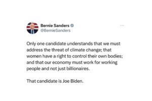 Bernie Sanders Instagram - Only one candidate understands that we must address the threat of climate change; that women have a right to control their own bodies; and that our economy must work for working people and not just billionaires.

That candidate is Joe Biden.