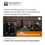 Bernie Sanders Instagram - In these very difficult times for our country, despair is not an option. We must be strong, we must be focused, and we must win. Read the full op-ed here: https://amp.theguardian.com/commentisfree/2024/jan/08/bernie-sanders-democracy-biden-trump