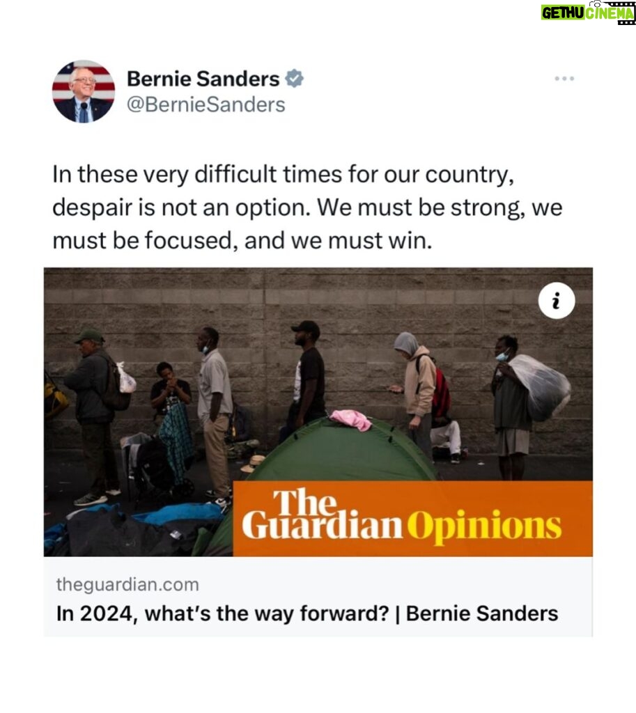 Bernie Sanders Instagram - In these very difficult times for our country, despair is not an option. We must be strong, we must be focused, and we must win. Read the full op-ed here: https://amp.theguardian.com/commentisfree/2024/jan/08/bernie-sanders-democracy-biden-trump