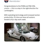 Bernie Sanders Instagram - Congratulations to the FIOM and FIM-CISL unions — this is a step in the right direction for Lamborghini. With exploding technology and increased worker productivity, it’s time we move all workers toward a four-day work week. https://www.reuters.com/business/autos-transportation/lamborghini-introduces-four-day-week-production-workers-2023-12-05/