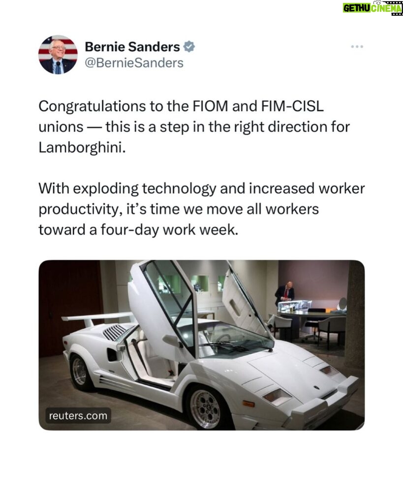 Bernie Sanders Instagram - Congratulations to the FIOM and FIM-CISL unions — this is a step in the right direction for Lamborghini. With exploding technology and increased worker productivity, it’s time we move all workers toward a four-day work week. https://www.reuters.com/business/autos-transportation/lamborghini-introduces-four-day-week-production-workers-2023-12-05/