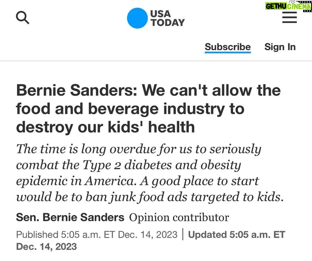 Bernie Sanders Instagram - We must address the diabetes epidemic and the obesity epidemic in America that is threatening our kids and our communities. https://www.usatoday.com/story/opinion/2023/12/14/diabetes-obesity-epidemic-america-corporations-ads-kids/71884221007/
