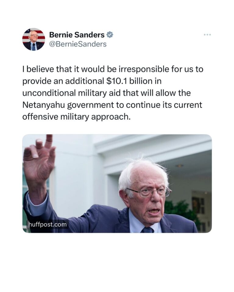 Bernie Sanders Instagram - I believe that it would be irresponsible for us to provide an additional $10.1 billion in unconditional military aid that will allow the Netanyahu government to continue its current offensive military approach. https://www.huffpost.com/entry/bernie-sanders-vote-against-military-aid-to-israel_n_656e796ce4b0dcfcc9812e2c