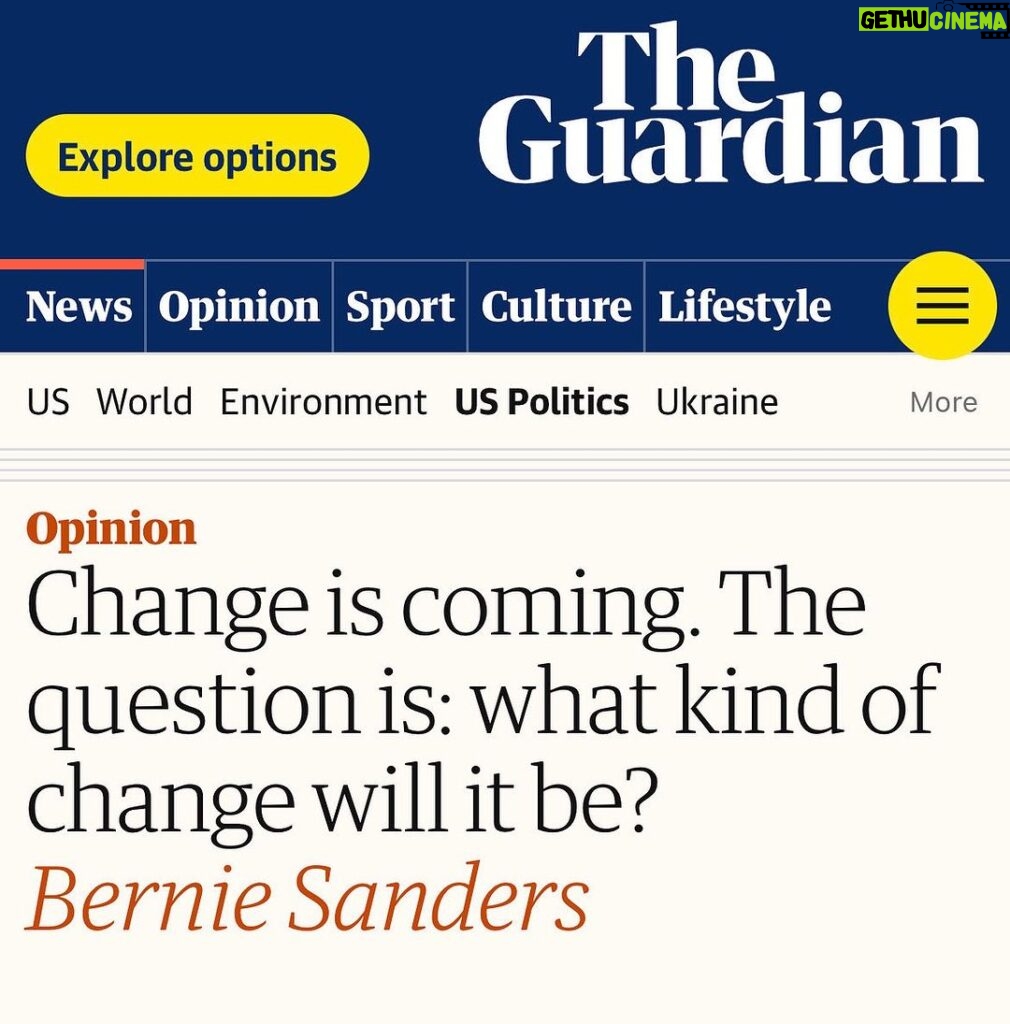 Bernie Sanders Instagram - Change is coming. The question is: What kind of change will it be? Will it be a Trump authoritarian change which divides us up based on the color of our skin or where we were born. Or one that brings us together to achieve economic & social justice and a world of human decency. Read the full op-ed here: https://www.theguardian.com/commentisfree/2023/nov/30/bernie-sanders-trump-political-divide