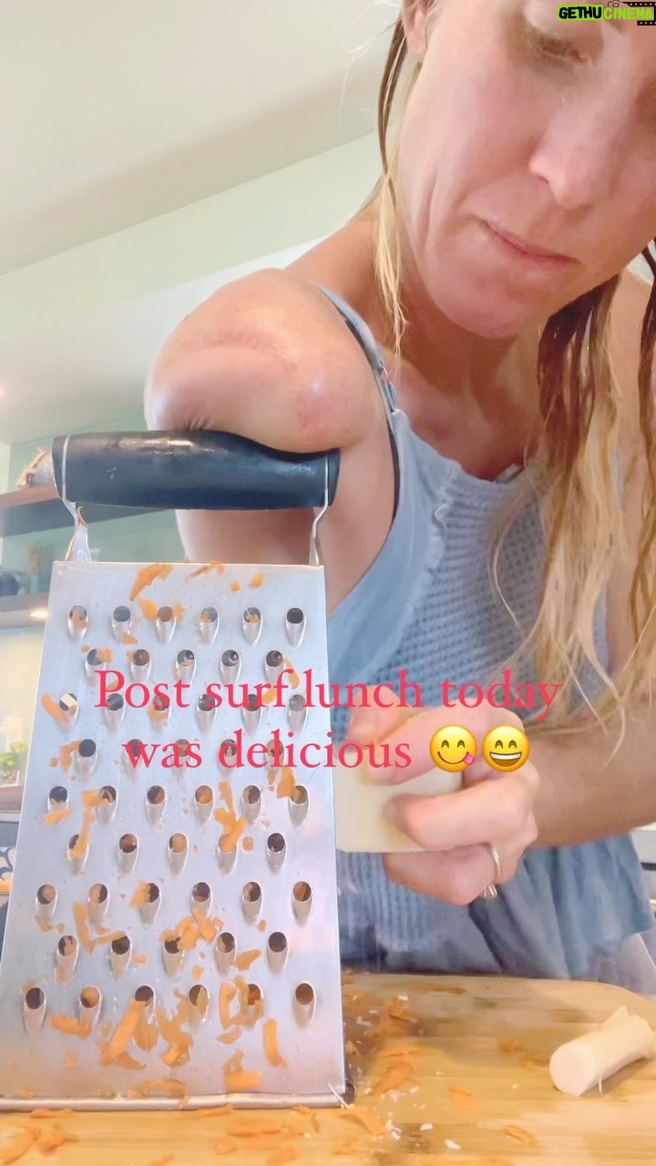 Bethany Hamilton Instagram - Todays after surf lunch! Iβm rarely in the kitchen alone and usually I have Adam or the boys do the shredding. But todays lunch it was up to stumpy and I! πππͺπ½ New recipe aaannnd itβs worth sharing! My fancy Carrot Caesarππ 2 large carrots shredded 1tbs of coconut oil on carrots Dash of salt to taste Coarsely chopped cucumbers π₯ Handful of chopped up hearts of palm Chop up a few cherry tomotoes And shred up some pecorino romano cheese (amount up to you) With wholesome homemade caesar dressing And I had a cup of warm bone broth along with it! Sound good? What would you add or change?! ππ½