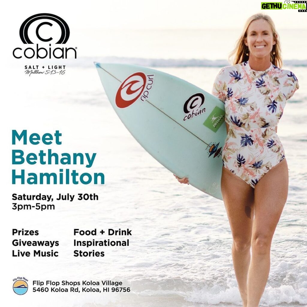 Bethany Hamilton Instagram - Aloha Kauai friends! Join @cobianfootwear and me at the grand opening of @flipflopshopskauai Koloa Village this Saturday, July 30th from 3 to 5pm! There will be live music, food, inspirational stories, Q+A session with me, and much more! You can even win the opportunity to meet me one-on-one by trying on or purchasing a pair of Cobian sandals. With every Cobian purchase, you also get a free poster! Link in bio for all the details 🤙🏽