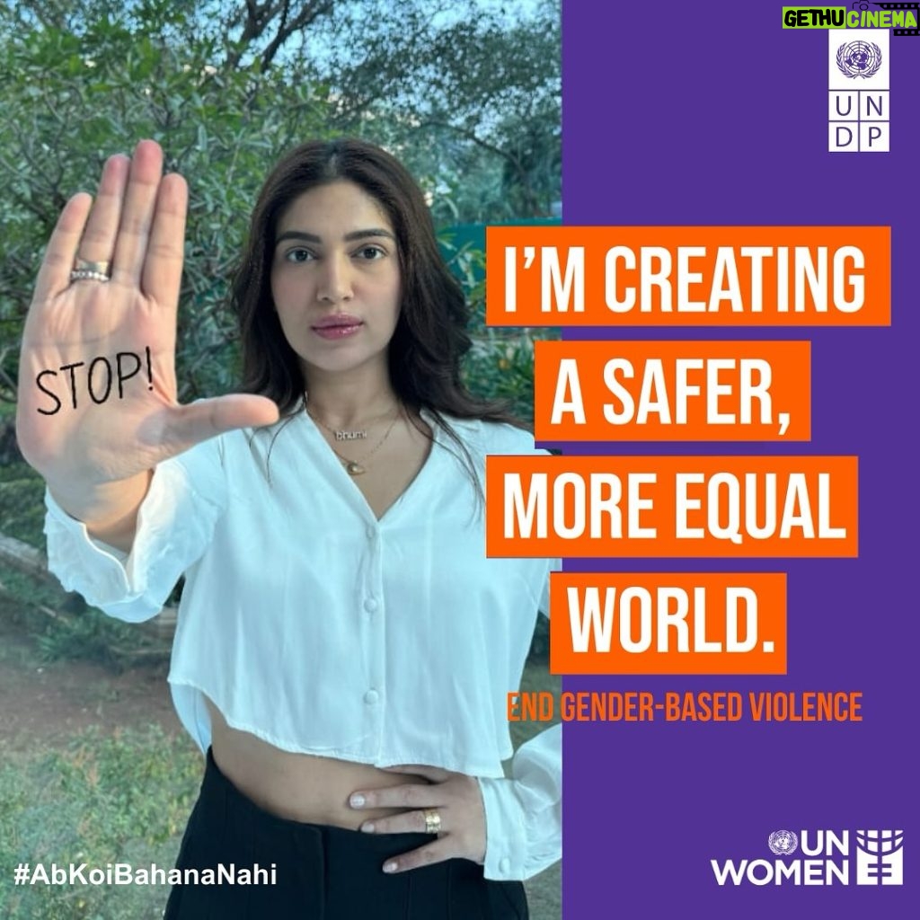 Bhumi Pednekar Instagram - Every voice matters, every action counts. Let's put a STOP 🖐️🏽to #GenderBasedViolence. 🌟Stand with @bhumipednekar & @undpinindia to raise your voice to #EndViolence . Together, we can create a 🌍 where respect, equality, and safety prevail. #AbKoiBahanaNahi