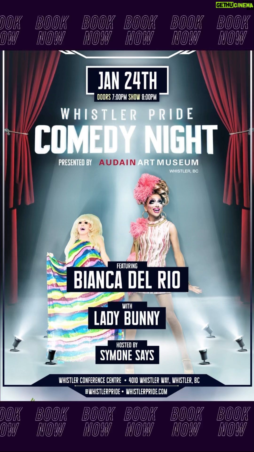 Bianca Del Rio Instagram - COMEDY NIGHT PRESENTED BY the Audain Art Museum 📅 TOMORROW, JAN 24 ⏳ 7PM Doors open for an 8PM Start 🌍 Whistler Conference Centre - 4010 Whistler Way TWO legendary drag comedians will be gracing the stage tomorrow night! BIANCA DEL RIO, dubbed “The Joan Rivers of the Drag World” is a dimple-cheeked, larger-than-life drag queen and outrageous comic who isn’t afraid to shock and offend. Fierce, funny, and fabulous. LADY BUNNY, an iconic trailblazer in the queer community, advocating for queer rights while mixing activism and entertainment! She brings attention to important causes and celebrates life and love in style. ** GET YOUR TICKETS ON OUR WEBSITE. ** Link in bio. Arrive early for a pre-drink. This event is for ages 19+. Content will likely be vulgar and blatantly hilarious. @TheBiancaDelRio @official_lady_bunny @SymoneSays68 @AudainArtMuseum @WhistlerBlackcomb @AavaWhistlerHotel @RMWhistler @GoWhistler #RMOW #BiancaDelRio #DragComedy #DragWorld #ComedyGold #whistlernightlife #comedy #LadyBunny #LBTQIfriendly #WhistlerPride #AavaAdventures #WhistlerBlackcomb #OnlyInWhistler #WhistlerLocalAndPride #GaySki #whistlerbc #WhistlerVibes #ApresSki