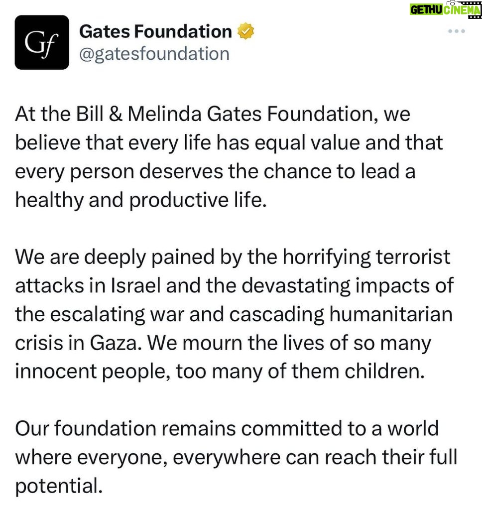 Bill Gates Instagram - My heart is broken for the innocent lives lost in the Middle East and the continued suffering of Israelis and Palestinians. May the world find a way to swiftly end the violence, and to build a path toward lasting peace in the region.