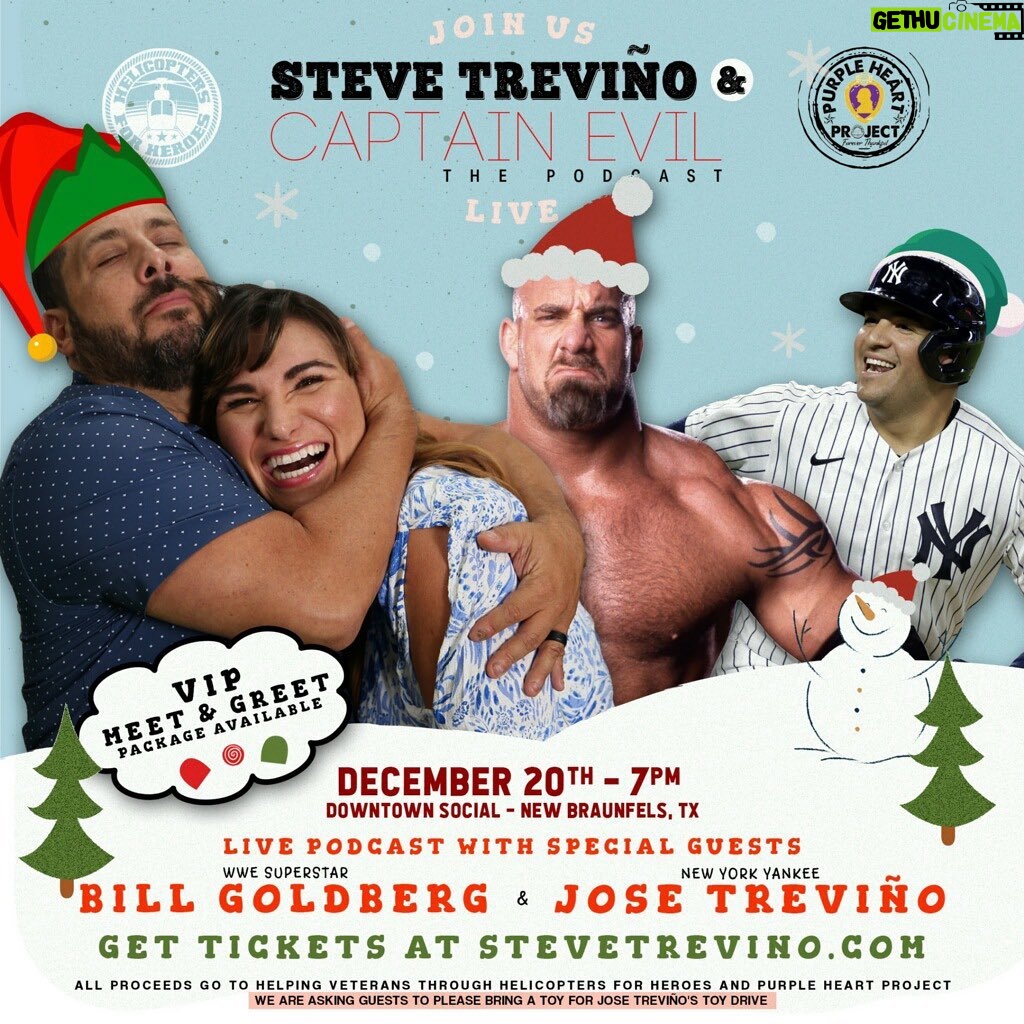 Bill Goldberg Instagram - December 20th 7pm A comedian, a wrestler and a baseball player doing a live podcast for charity……. What can go wrong?? Come join us for an epic night of stories and kick off the #holidays with a laugh or two. #christmas #hannukah #santaclaus #santasslay #spear #jackhammer #whosnext #yankees #meetandgreet @compadres_2020 #purpleheartproject #dowtownsocial #newbraunfels @texastrevino