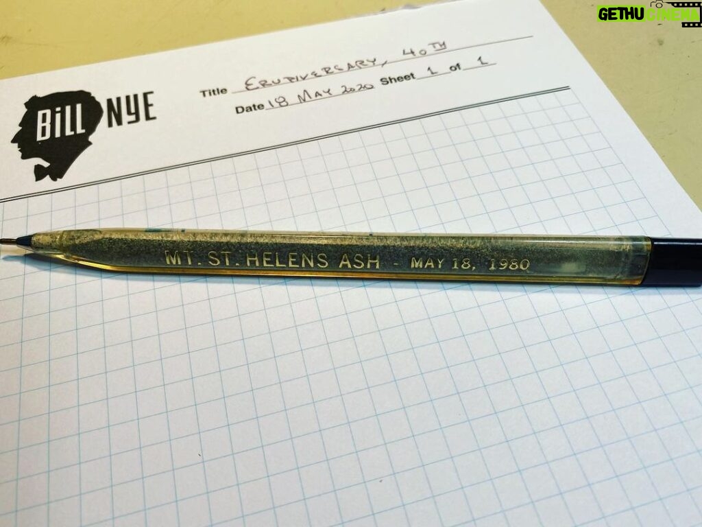Bill Nye Instagram - Found my souvenir ballpoint pen filled with Mt. St. Helens ash. It was a spectacular, frightening event. The mountain teaches us about nature and our place in it.
