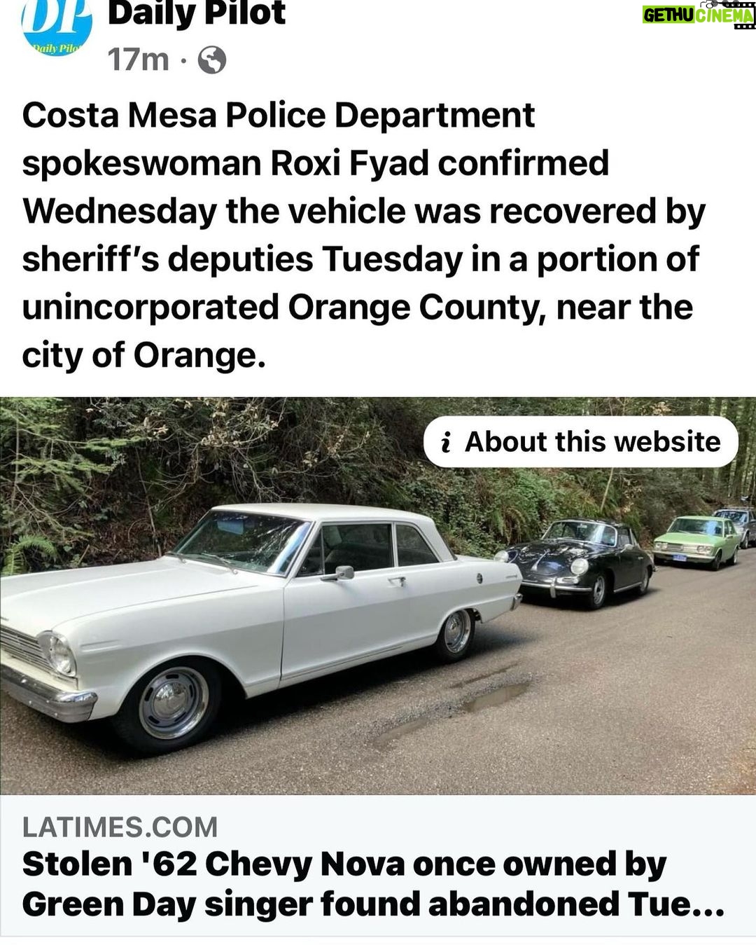 Billie Joe Armstrong - 244.5K Likes - FOUND MY CAR!!
False alarm.. turns out I forgot where I parked it… KIDDING! Truth is the person that stole it left it parked. Joy ride? Maybe.. who knows. We live in desperate times. Thank god It’s all in one piece. No damage. Thank you thank you to everyone that searched for my Chevy. 🙏🙏🙏.. love you all.