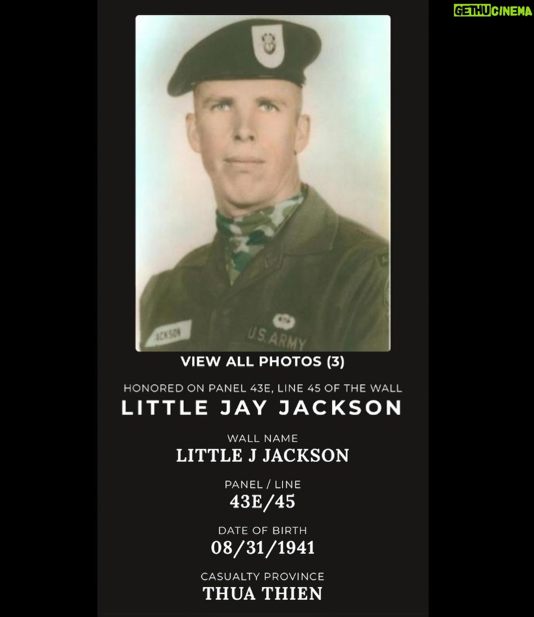 Billie Joe Armstrong - 85K Likes - I was reluctant about sharing this post because it’s heart breaking. This is my uncle Little Jay Jackson. My mom’s youngest brother and the youngest of her 12 siblings. He was in the army. A green beret I believe.. He died in action in the vietnam war sometime around the Tet offensive. He served with honor and that’s something I can respect. I never met him but by all accounts he was a great brother and loving father. And a great young athlete. He was pretty close in age to my brother Alan who had the one relationship with him out of all my brothers and sisters. I just watched the Ken Burns documentary on Vietnam which is an amazing documentary. I highly recommend it. It made me curious to look him up. His name up is on the Vietnam Veterans Memorial wall of names. Someday I want to check it out. War is terrifying. I have memories of my aunts and uncles talking about him pretty openly .. I love this photo of him feeding a baby deer. His name really is Little Jay Jackson by the way