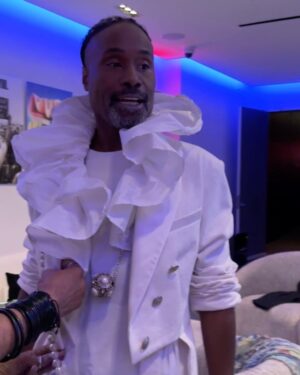 Billy Porter Instagram - #MTV #VMAs ready! 🤍

White Denim Suit @namara_dm 
Shoes @unitednude 
Jewelry @ericksonbeamon 

Styled by @tytryone and @colinmanderson 
Hair @cheryltbergamyhair 
Make-up @lasonyagunter 

#BTS #GRWM