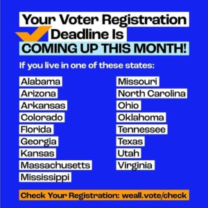 Billy Porter Instagram - Voter reg deadlines incoming! 🚨🗳️🚨

🔁 @whenweallvote 🗣️ IT’S OFFICIALLY FEBRUARY! Let’s get it 😎

Here are ALL the voter registration deadlines coming up this month:

🔹 Monday, 2/5: Arkansas, Tennessee, and Texas
🔹 Friday, 2/9: North Carolina and Oklahoma
🔹 Monday, 2/12: Georgia, Mississippi, and Virginia
🔹 Monday, 2/19: Alabama
🔹 Tuesday, 2/20: Arizona, Florida, Kansas, and Ohio
🔹 Wednesday, 2/21: Missouri (D) 
🔹 Friday, 2/23: Utah
🔹 Saturday, 2/24: Massachusetts
🔹 Monday, 2/26: Colorado

See your state listed? 👀 Make sure you’re registered and ready in time for this year’s elections at the 🔗  in the @whenweallvote bio