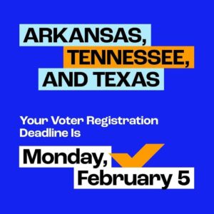 Billy Porter Instagram - Voter reg deadlines incoming! 🚨🗳️🚨

🔁 @whenweallvote 🗣️ IT’S OFFICIALLY FEBRUARY! Let’s get it 😎

Here are ALL the voter registration deadlines coming up this month:

🔹 Monday, 2/5: Arkansas, Tennessee, and Texas
🔹 Friday, 2/9: North Carolina and Oklahoma
🔹 Monday, 2/12: Georgia, Mississippi, and Virginia
🔹 Monday, 2/19: Alabama
🔹 Tuesday, 2/20: Arizona, Florida, Kansas, and Ohio
🔹 Wednesday, 2/21: Missouri (D) 
🔹 Friday, 2/23: Utah
🔹 Saturday, 2/24: Massachusetts
🔹 Monday, 2/26: Colorado

See your state listed? 👀 Make sure you’re registered and ready in time for this year’s elections at the 🔗  in the @whenweallvote bio