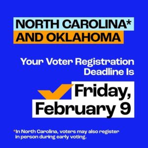 Billy Porter Instagram - Voter reg deadlines incoming! 🚨🗳️🚨

🔁 @whenweallvote 🗣️ IT’S OFFICIALLY FEBRUARY! Let’s get it 😎

Here are ALL the voter registration deadlines coming up this month:

🔹 Monday, 2/5: Arkansas, Tennessee, and Texas
🔹 Friday, 2/9: North Carolina and Oklahoma
🔹 Monday, 2/12: Georgia, Mississippi, and Virginia
🔹 Monday, 2/19: Alabama
🔹 Tuesday, 2/20: Arizona, Florida, Kansas, and Ohio
🔹 Wednesday, 2/21: Missouri (D) 
🔹 Friday, 2/23: Utah
🔹 Saturday, 2/24: Massachusetts
🔹 Monday, 2/26: Colorado

See your state listed? 👀 Make sure you’re registered and ready in time for this year’s elections at the 🔗  in the @whenweallvote bio