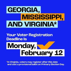 Billy Porter Instagram - Voter reg deadlines incoming! 🚨🗳️🚨

🔁 @whenweallvote 🗣️ IT’S OFFICIALLY FEBRUARY! Let’s get it 😎

Here are ALL the voter registration deadlines coming up this month:

🔹 Monday, 2/5: Arkansas, Tennessee, and Texas
🔹 Friday, 2/9: North Carolina and Oklahoma
🔹 Monday, 2/12: Georgia, Mississippi, and Virginia
🔹 Monday, 2/19: Alabama
🔹 Tuesday, 2/20: Arizona, Florida, Kansas, and Ohio
🔹 Wednesday, 2/21: Missouri (D) 
🔹 Friday, 2/23: Utah
🔹 Saturday, 2/24: Massachusetts
🔹 Monday, 2/26: Colorado

See your state listed? 👀 Make sure you’re registered and ready in time for this year’s elections at the 🔗  in the @whenweallvote bio