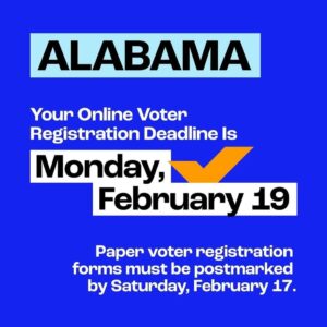 Billy Porter Instagram - Voter reg deadlines incoming! 🚨🗳️🚨

🔁 @whenweallvote 🗣️ IT’S OFFICIALLY FEBRUARY! Let’s get it 😎

Here are ALL the voter registration deadlines coming up this month:

🔹 Monday, 2/5: Arkansas, Tennessee, and Texas
🔹 Friday, 2/9: North Carolina and Oklahoma
🔹 Monday, 2/12: Georgia, Mississippi, and Virginia
🔹 Monday, 2/19: Alabama
🔹 Tuesday, 2/20: Arizona, Florida, Kansas, and Ohio
🔹 Wednesday, 2/21: Missouri (D) 
🔹 Friday, 2/23: Utah
🔹 Saturday, 2/24: Massachusetts
🔹 Monday, 2/26: Colorado

See your state listed? 👀 Make sure you’re registered and ready in time for this year’s elections at the 🔗  in the @whenweallvote bio