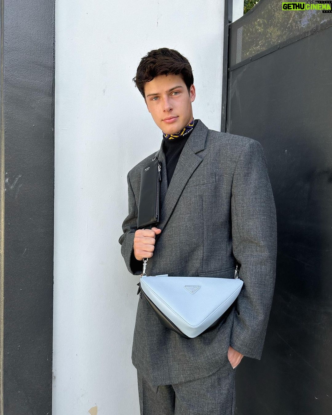 Blake Gray Instagram - Wearing my new #pradatriangle bag everywhere these days. Its convenience and 2-in-1 construction allows me to wear both bags together or separate depending on the occasion. @prada #ad