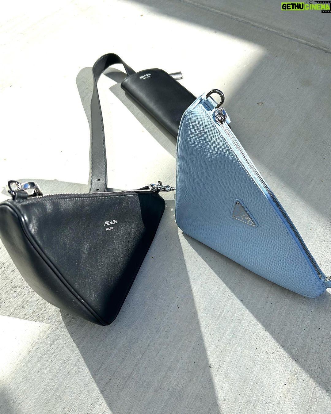 Blake Gray Instagram - Wearing my new #pradatriangle bag everywhere these days. Its convenience and 2-in-1 construction allows me to wear both bags together or separate depending on the occasion. @prada #ad