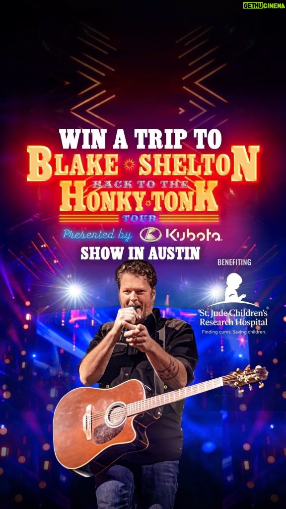 Blake Shelton Instagram - Last chance to enter to win a trip to the #BackToTheHonkyTonk Tour presented by Kubota in Austin for you and a friend! With the help of my friends at @propeller.la, I’ll hook you up with floor tickets, a stay at the AT&T Hotel and Convention Center, roundtrip airfare, a hat signed by me, merch items from @dustinlynchmusic and @emilyann_music and more! To enter, all you have to do is join me in supporting the important work of @stjude. More info at the link in bio.