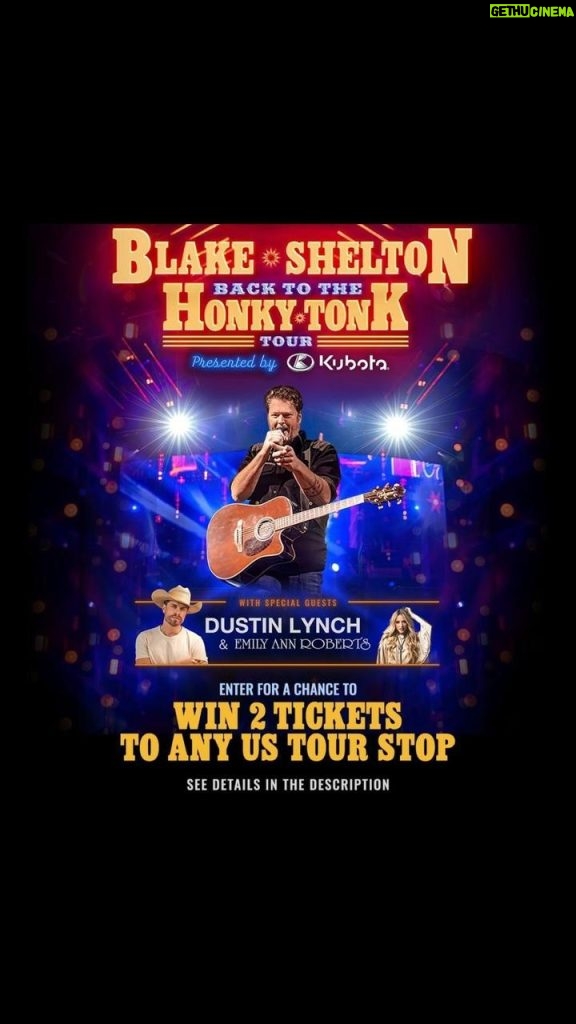 Blake Shelton Instagram - 🚨 CONCERT GIVEAWAY ALERT! 🚨 ​ Have the ultimate date night! 💞 Enter for a chance to WIN (2) tickets for a US city of your choice on the Blake Shelton Back to the Honky Tonk Tour. 🤠🎫​ For a chance to WIN:​ 1️⃣ FOLLOW 🔘 @TouchTunes (on Instagram) (=1 entry)​ 2️⃣ LIKE 👍 this post on Instagram (=1 entry)​ 3️⃣ TAG 👉 a friend who’d love to two-step the night away with you at the concert, using the hashtag #blakesheltonsweepstakes. (=1 entry)​ 4️⃣ PLAY ▶️ any Blake Shelton song through the TouchTunes app to enter. Each play = 1 entry.​ 🕒 Hurry, the giveaway ends [Feb 15, 2024, at midnight PST]! NO PURCHASE NECESSARY. Maximum three (3) pairs of tickets per concert available to win. Must be U.S. Resident, 18 or older. Ends 2/15/24 at 11:59:59PM PT. Void in RI and where prohibited. Winners notified on 2/16/24 and must respond within 24 hours to be eligible. For entry instructions and complete details, see official rules at touchtunes.com/blakesheltonsweepstakes.