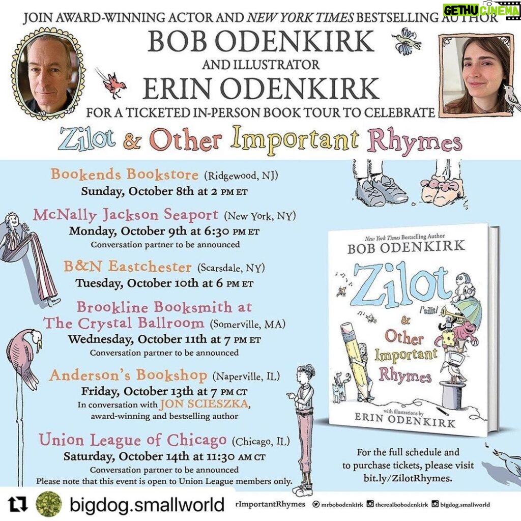 Bob Odenkirk Instagram - Hittin’ the road to celebrate “Zilot and Other Important Rhymes!” which I wrote with my kids and which my daughter Erin illustrated! Funny, silly, wordy rhymes - come join us! #zilotandotherimportantrhymes #lbyr #littlebrownyoungreaders