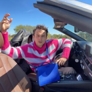 Brandon Flynn Instagram - “Get in loser… we’re wearing @fendi”
*scenes from a road-trip* 
Thank you @mrkimjones and @silviaventurinifendi for the love 
#fendi #fendipeekaboo #ad