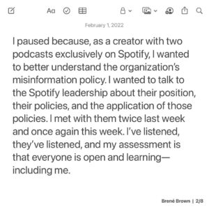 Brené Brown Instagram - Why I paused the podcasts. You can scroll through the post here or read it on the home page of brenebrown.com.