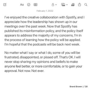 Brené Brown Instagram - Why I paused the podcasts. You can scroll through the post here or read it on the home page of brenebrown.com.