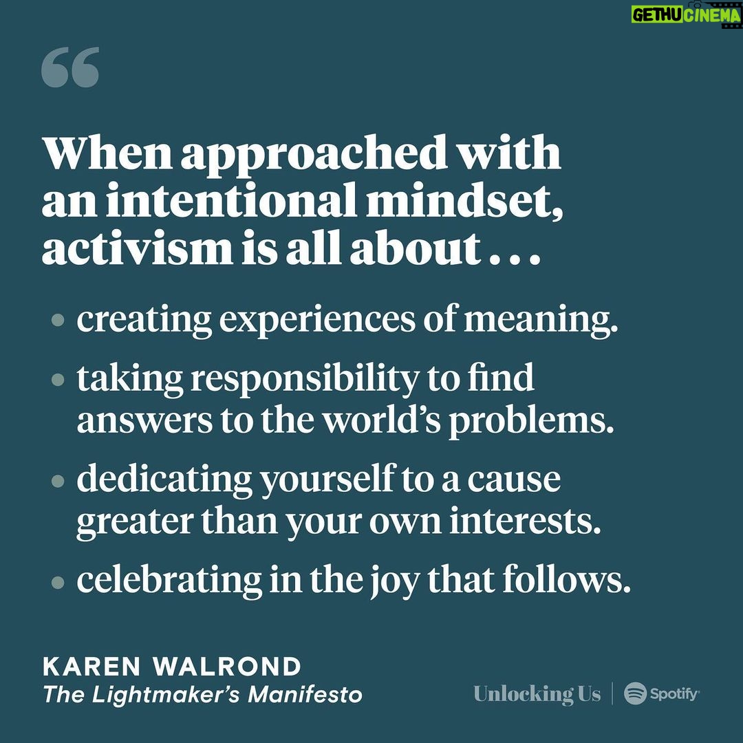 Brené Brown Instagram - My dear friend Karen Walrond @heychookooloonks—author of the new book “The Lightmaker’s Manifesto”—is back on “Unlocking Us,” and we pick up right where we left off last week: digging deep on the contours of joy and activism. In this episode, we explore the relationship between activism and spirituality. We talk about listening to the whispers that are calling us and the self-inquiry strategies that help us know what we’re supposed to be doing. We also dig in on performative activism and outrage, as well as the realities of burnout and how joy helps curb some of that. It’s an important conversation—and one we need to be having right now.