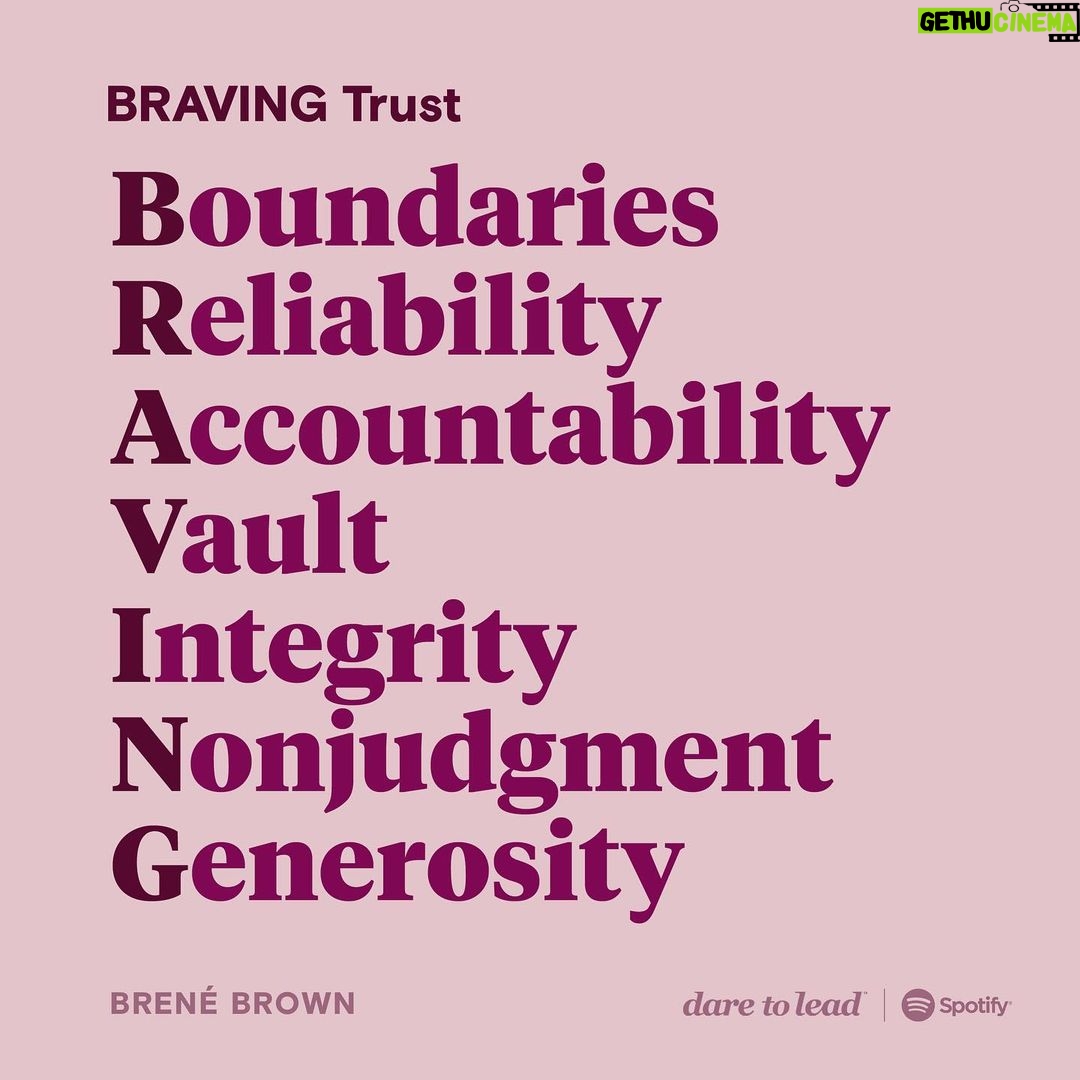 Brené Brown Instagram - We’re back with part 2 of our “Dare to Lead” series on BRAVING Trust. In this episode, Barrett and I really dig into the core elements of BRAVING: BOUNDARIES: Setting boundaries is making clear what’s okay and what’s not okay, and why. RELIABILITY: You do what you say you’ll do. At work, this means staying aware of your competencies and limitations so you don’t overpromise and are able to deliver on commitments and balance competing priorities. ACCOUNTABILITY: You own your mistakes, apologize, and make amends. VAULT: You don’t share information or experiences that are not yours to share. I need to know that my confidences are kept, and that you’re not sharing with me any information about other people that should be confidential. INTEGRITY: Choosing courage over comfort; choosing what’s right over what’s fun, fast, or easy; and practicing your values, not just professing them. NONJUDGMENT: I can ask for what I need, and you can ask for what you need. We can talk about how we feel without judgment. GENEROSITY: Extending the most generous interpretation to the intentions, words, and actions of others. The BRAVING Inventory can be used as a conversation guide that walks us through trust-building from a place of curiosity, learning, and connection.