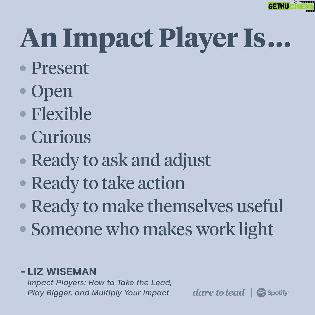 Brené Brown Instagram - Liz Wiseman—author, executive adviser, and someone who’s done tons of research in organizations all around the globe—is out with a new book called “Impact Players: How to Take the Lead, Play Bigger, and Multiply Your Impact.” If you could see my copy, you’d see a lot of highlighting. It just gives us—both leaders and working professionals—a lot of new language around how to make our work and our impact at work more fulfilling. I’m grateful to @bylizwiseman for joining me on “Dare to Lead”—and for digging in on what impact players look like, what sets them apart, and how they contribute. Hope you enjoy this episode.