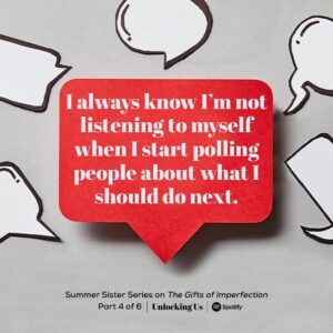Brené Brown Instagram - I’m not talking about seeking solid opinions or advice. I’m talking about desperately polling people whose opinions are often not relevant. It’s a red flag that no one talks about, but it emerged as very common in the research. From “Should I get bangs?” to “Should I let my child do this thing that feels scary to me?”

It’s like when you lose your keys and you start looking in the freezer. Time to take a deep breath and re-evaluate. Normally, we just need quiet and stillness so we can hear our own voice. That’s way harder than polling.