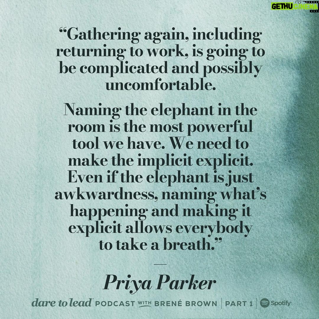 Brené Brown Instagram - As we get ready for the big return, everyone everywhere needs to hear this wisdom from my two-part Dare to Lead conversation with @priyaparker. Part One blew me away. We have an amazing opportunity to reset — to keep what serves and let go of what doesn't. It's going to take creativity and courage. Part Two (drops Monday) is a deeply vulnerable leadership conversation where Priya helps me with a "meeting makeover." We deconstruct a meeting that isn't working to figure out how we can better use our team's time and talents. HARD.