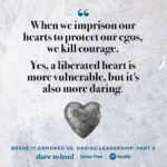 Brené Brown Instagram - This is Part 2 of our two-part series on daring leadership, where I unpack four more common types of armor that we use to self-protect when we're in fear, including cultivating a fitting-in culture versus a belonging culture; leading reactively versus leading strategically; and resisting change versus accepting and embracing change.
