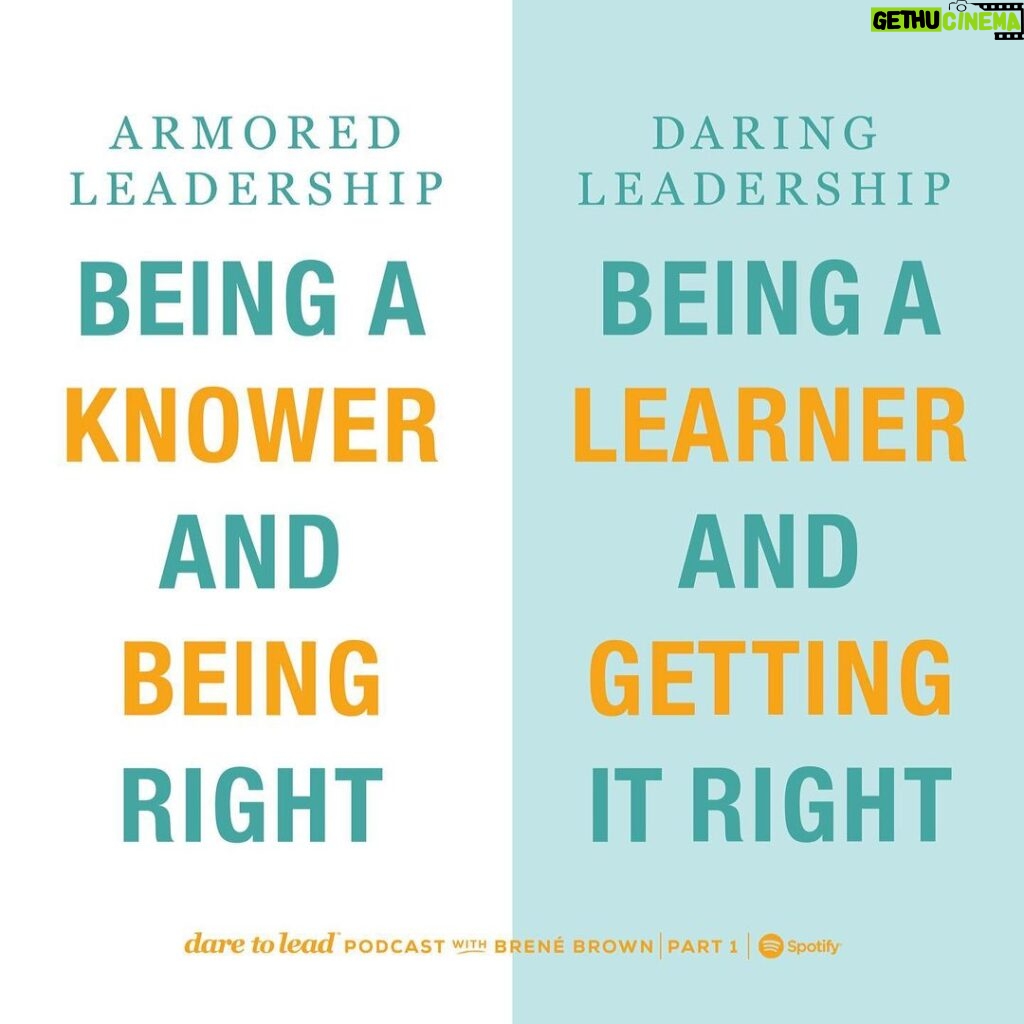 Brené Brown Instagram - It's not fear that gets in the way of daring leadership, it's armor. How do we self-protect when we feel uncertain, afraid, or vulnerable? Is our armor perfectionism, being the knower, shame/blame, reacting versus thoughtful responding, action bias . . .? Dropping the first of a two-part solo special on Daring versus Armored leadership on the Dare to Lead podcast today.