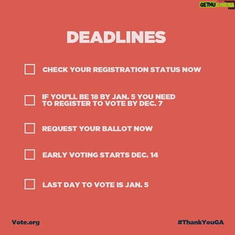 Brené Brown Instagram - Georgia, in this runoff election, you will decide the future of America. Here is how to make your voice heard: Check your voter registration status. The deadline to register to vote is December 7. If you turn 18 before January 5, please register to vote! Early voting begins December 14. If you want to vote by mail, request your absentee ballot ASAP. Go to vote.org for info on registration, voting early, and voting by mail! Your vote is your power! Thank you for showing up for our democracy! #ThankYouGA #WinWithBlackWomen