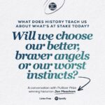 Brené Brown Instagram - A conversation with @jon.meacham about about history’s lessons on leading through crises and deep political divides. Also, the importance of humility and candor in leadership and why there's so much at stake for the election right now. This feels like an important and urgent listen. It gives me hope and resolve. Link in Profile to listen now.