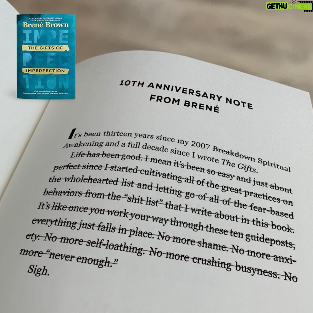 Brené Brown Instagram - The Gifts of Imperfection anniversary hardback edition and the new audiobook are out today!⁣ Yes, I'm reading the audiobook. Imperfectly, of course.⁣ ⁣ 10 years later and The Gifts is still a no bullshit zone!⁣ But I thought I'd show you how tempting it can be.⁣ ⁣ Two big learnings over the past decade:⁣ 1. Practicing the 10 guideposts is way harder than I thought.⁣ 2. Practicing the 10 guideposts is way more important than I imagined.⁣ ⁣ Celebrating with art prints, downloads, an assessment, and a webinar.⁣ Link in profile to get to The Gifts hub on brenebrown.com.⁣ ⁣ Thank y'all!