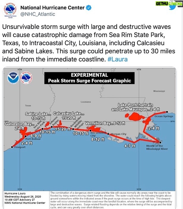 Brené Brown Instagram - ATTN Friends and neighbors close to the LA/TX border - officials are using the term UNSURVIVABLE to describe the surge. We know the drill. We know when to stay (wind) and when to go (surge). For those on the coast (they’re saying up to 30 miles inland) time to go! Be safe. Love and help each other. ❤️ Take important papers and share emergency contacts.