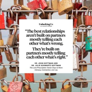 Brené Brown Instagram - Drs. John and Julie Gottman are out with a new book—“The Love Prescription: Seven Days to More Intimacy, Connection, and Joy”—and have graciously agreed to join me on the next two episodes of “Unlocking Us.” (Bonus: Ashley, Barrett, and I will then sit down for a third episode in this series, on October 12, to break down what we’ve learned.)

Sharing a huge learning from the book about what happens when we focus on what’s wrong:

“Here’s what happens in distressed relationships, over and over: We all have needs. We all have valid desires. But we don’t say them. We drop hints. We suggest. We stay safely in the shadows. We hope our partners will ‘just know.’

“We tell ourselves a story about why they should be able to figure it out without us having to say it (‘It’s obvious! It’s just common sense!’), and we believe it. Then, when our partners fail to magically fulfill those needs, we feel resentful. We begin to believe that our partners don’t care, are thinking only about themselves, are too busy for us, or no longer value the relationship as they once did.

“And so we criticize them. ‘You always.’ ‘You never.’ These red flag phrases alert us that a couple is in shaky territory: the negative perspective might be starting to set in.

“They’re scanning for what’s wrong, and losing the capacity to notice what’s right.

“And the end result is criticism, which is when we take aim at who someone fundamentally is, instead of distinguishing between the person and the action.”

Join us for these podcasts on #UnlockingUs—they’re direct, honest, and actionable!