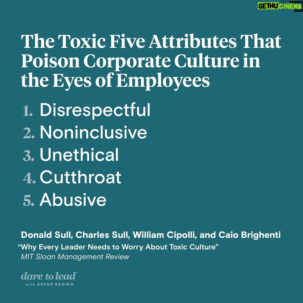 Brené Brown Instagram - In this episode of the “Dare to Lead” podcast, Barrett and I discuss this new article from podcast alums Donald Sull and Charlie Sull of CultureX. We talk about our experiences inside organizations and how this list of experiences is impossible to compartmentalize or just leave it at work. They often follow us home and infect our lives in emotionally, physically, and mentally crushing ways. First step? We need to talk about this—daring leaders are not silent about hard things.