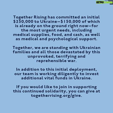 Brené Brown Instagram - Yesterday, just before dawn, Russia invaded Ukraine, launching widespread attacks across the sovereign nation. In both the capital of Kyiv and in villages across the nation, families piled into cars and trains, desperate to flee, terrified as their lives were upended in a moment. Soldiers faced the impossible reality of sending their children and partners away to safety, after hugging them for possibly the last time. Thousands of Ukrainians, turned refugees overnight, left the only home they’ve ever known to try to escape to bordering countries. At least 137 people have been killed and 316 wounded, including civilians and medical staff. We stand with the innocent Ukrainians whose lives have been forever shattered because their loved ones’ lives were stolen. We stand with the thousands of brave Russians demonstrating in protest, risking their safety to do so. We stand with all those devastated by this unprovoked, terrifying, and reprehensible war, the impacts of which are reverberating throughout the world. @together.rising has committed an initial $250,000 to Ukraine—$150,000 of which is already on the ground—for the most urgent needs, including medical supplies, food, and cash, as well as medical and psychological support. The investment has been entrusted to two of Together Rising’s partners, World Jewish Relief and Direct Relief. Both sprang into action immediately, uniquely positioned to do so because of how deeply embedded they are in communities across Ukraine. Through their partnership with Direct Relief, critical medicine, as well as anti-infective agents, anesthetic, and nutritional/hydration supplies, is now on the ground. Through Together Rising’s partnership with World Jewish Relief, Ukrainians of all religious backgrounds are now getting the food, cash, and medical and psychological support they need. In addition to this initial deployment, the Together Rising team is working diligently to invest vital funds in Ukraine amid the ongoing invasion. If you would like to join in this support, you can give at the link in this bio or at togetherrising.org/give. I trust Together Rising. I hope you’ll join me if you can. $5 makes a difference!
