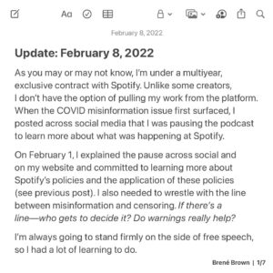 Brené Brown Instagram - A final update on the podcast pause. I appreciate this community and everyone’s willingness to wade through the tough conversations.